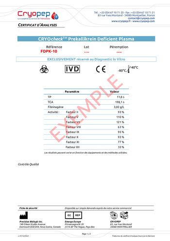 CRYOcheck™ Prekallikrein Deficient Plasma Certificate of analysis